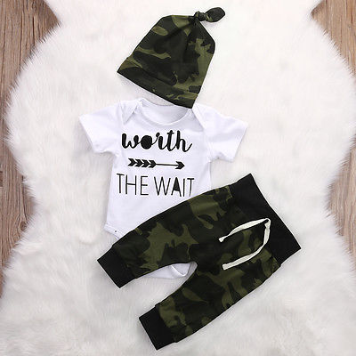 Army Green Baby Romper + Pants + Hat 3Pcs - TheLoveElement