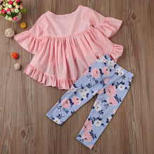 Ruffle Long Sleeve Folk T-shirt + Floral Pants 2 pcs Set - TheLoveElement